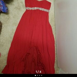 Red Strapless Evening Gown with Rhinestone Waist
